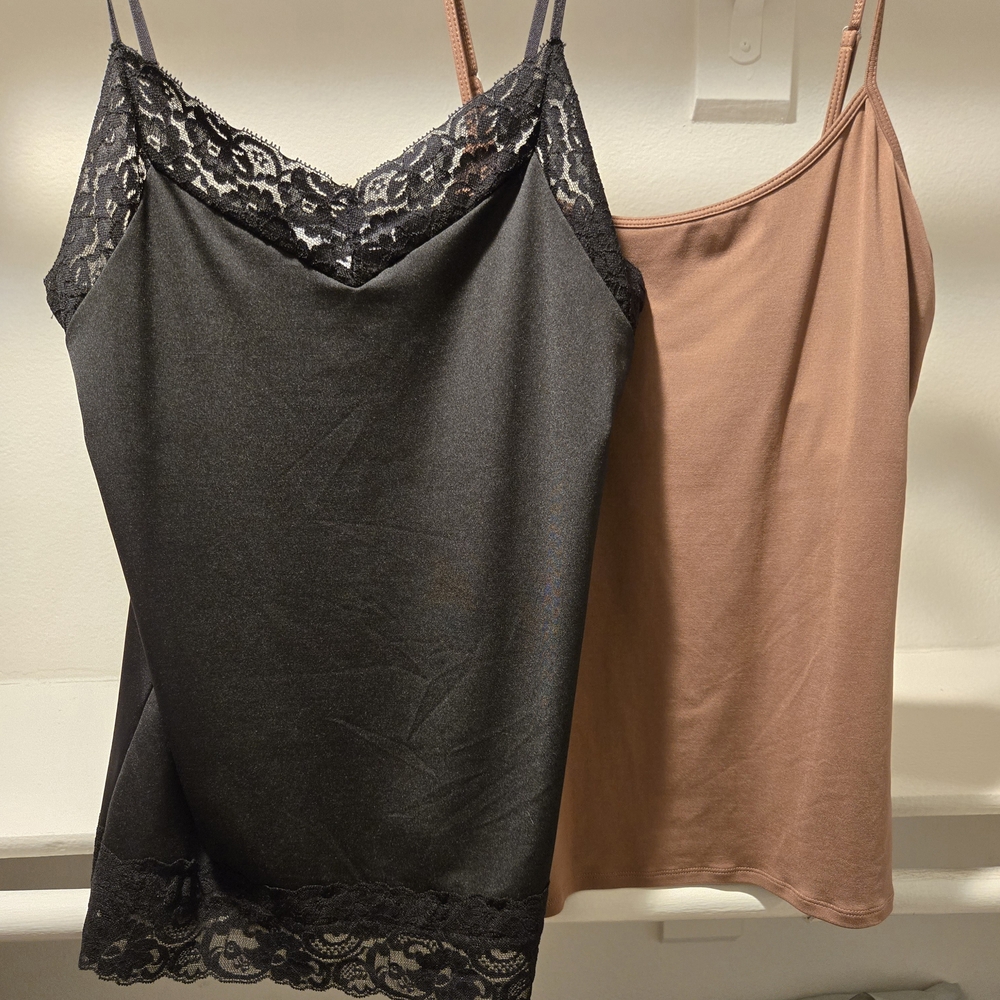 WHBM Black Lace Trim Camisole - Brown Slight Scoop Neck Tank Top. Size Medium